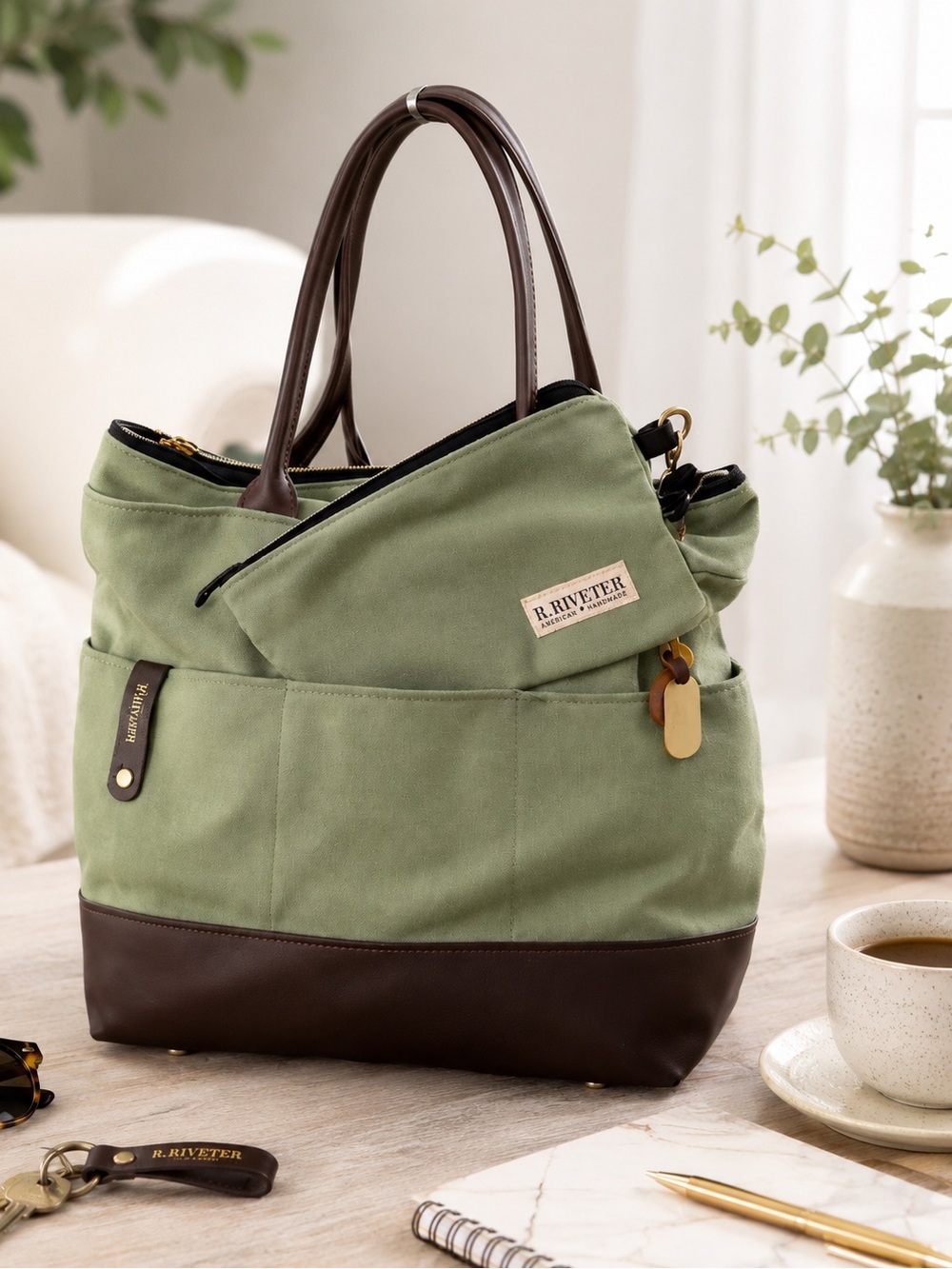 R. Riveter Liberty Green Tote Canvas Leather Handbag USA Made EUC